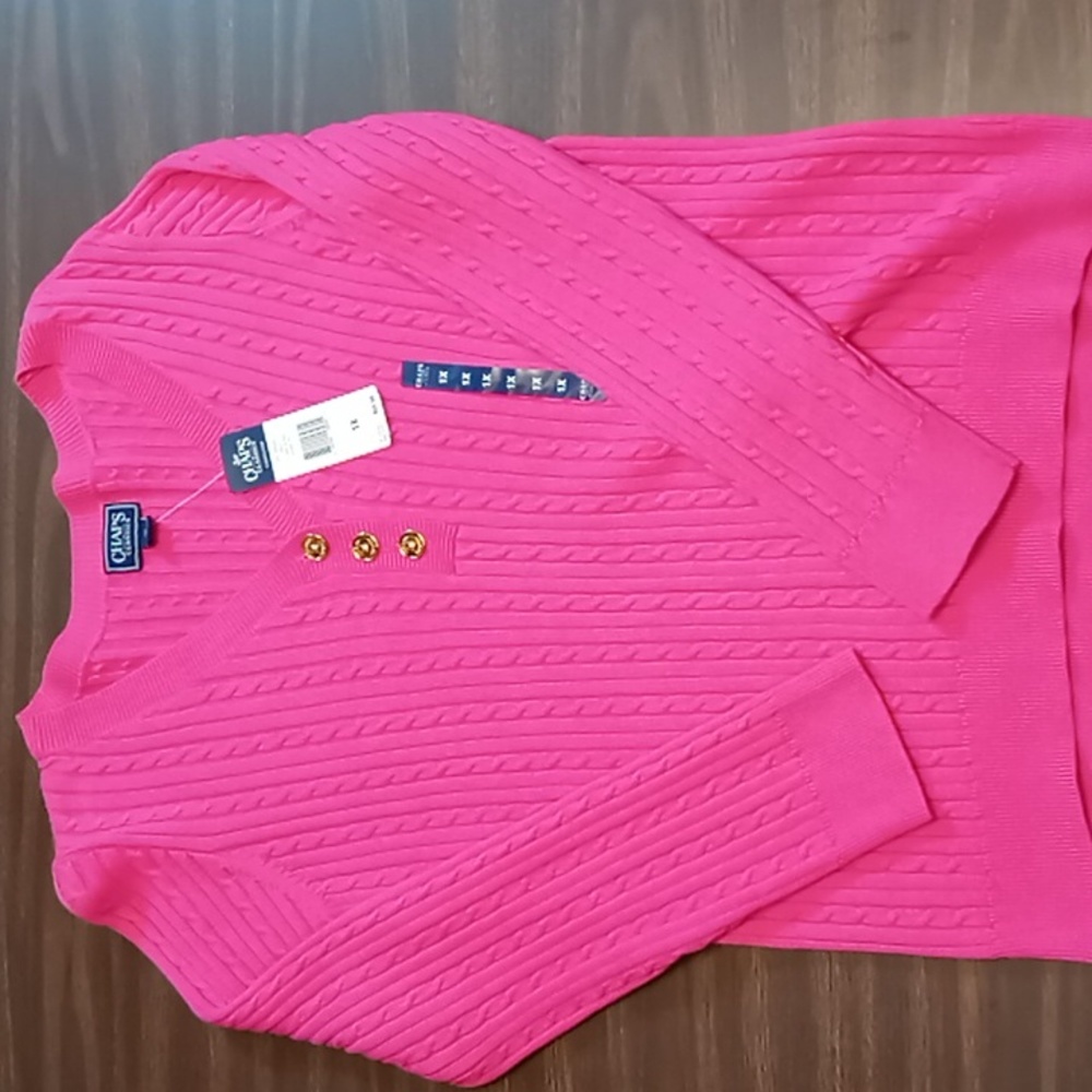 Chaps Classics Pink Ribbed Cardigan w Gold Colored Buttons 1X NWT